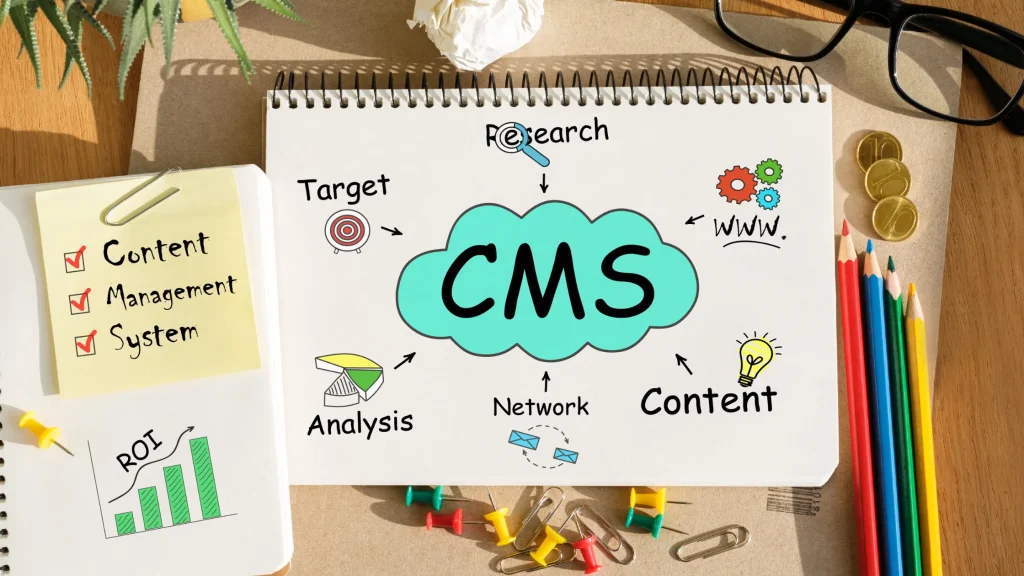 Notepad with visual representation of CMS for content management system in web development.