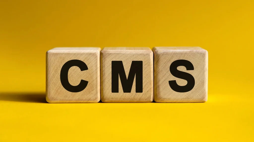 Wooden blocks showing 'CMS' letters, representing content management system concept in web development
