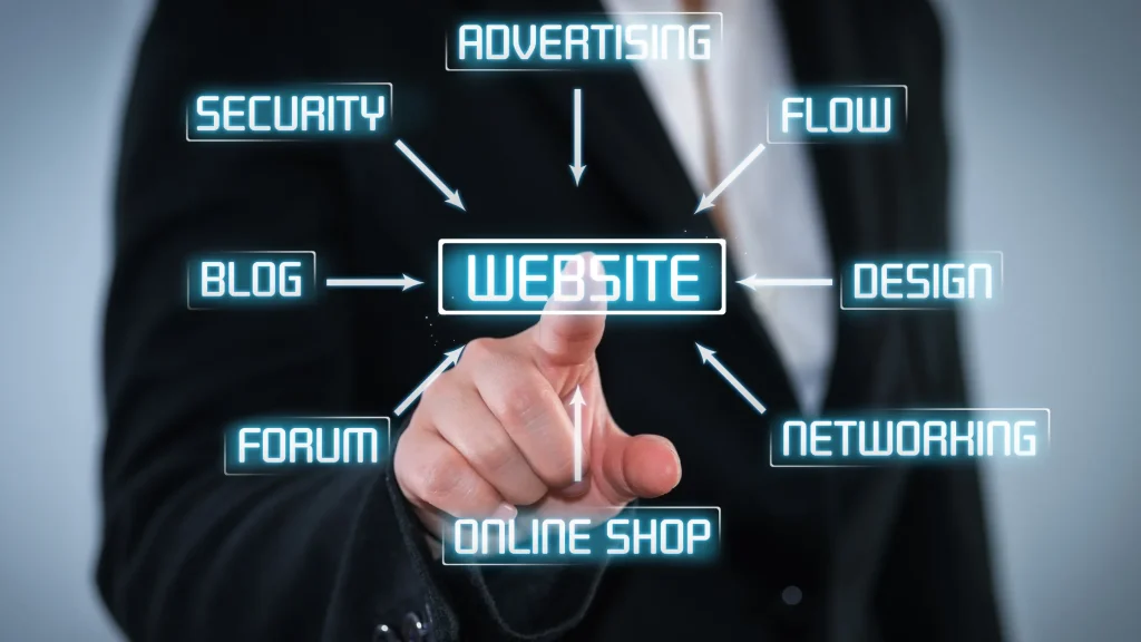 Professional hand pointing to website development features on the screen, showcasing PHP web development solutions.