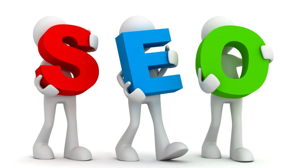 Three white figures holding the letters S, E, and O representing SEO.