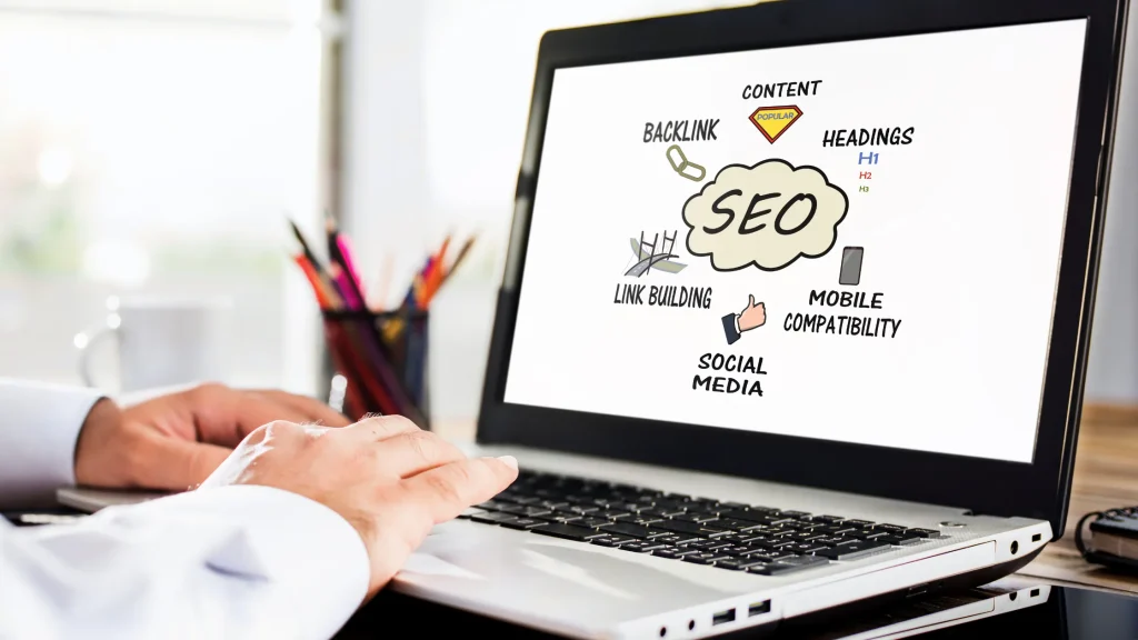 Laptop showing an SEO mind map with essential SEO elements, such as link building and mobile compatibility, reflecting Best SEO Practices for 2025.
