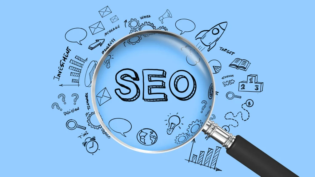 Magnifying glass focusing on the word 'SEO' surrounded by various related icons, representing the Best SEO Practices for 2025.