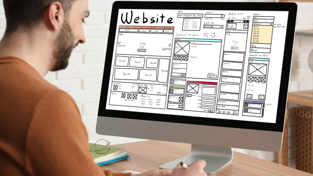 A web designer creating wireframes for a website interface using a desktop monitor.