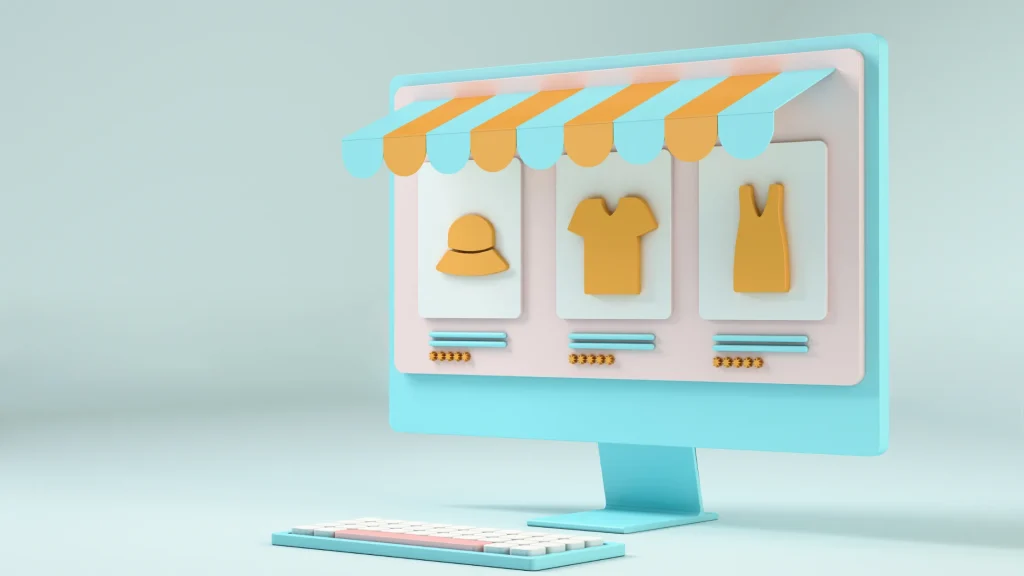 An illustration of a colorful online store with products, emphasizing SEO for Ecommerce Websites.