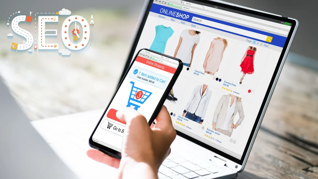 A person shopping online through a mobile phone and laptop, showcasing the importance of SEO for Ecommerce Websites.