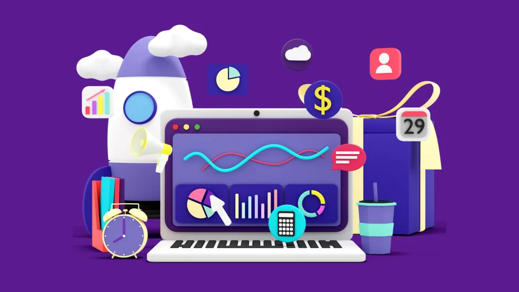 An illustration of a laptop displaying graphs and digital icons, representing SEO for Ecommerce Websites.