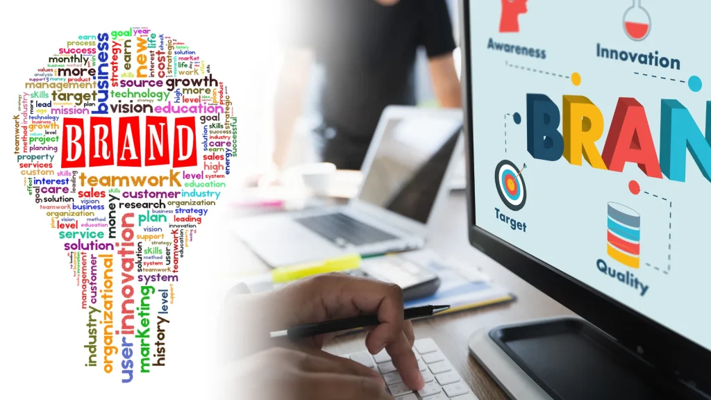Branding keywords surrounding a computer screen with a 'BRAND' focus, illustrating the impact of Influencer Marketing Strategy for Brands.